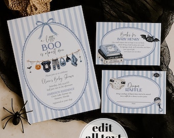 A Little Boo Is Almost Due Invitation Set, Blue Halloween Baby Shower Template 089HA-BSINV