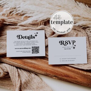 Op de afbeelding: Twee witte kaarten met zwarte tekst. De eerste kaart zegt "Details" met een stervormig ontwerp en bevat een QR-code. De tweede kaart zegt "RSVP" met een stervormig ontwerp en bevat de tekst "Graag reageren voor 20 juni 2022". Er zijn twee keuzerondjes onder de tekst, een voor "Accepteren met plezier" en een voor "Afwijzen met spijt".