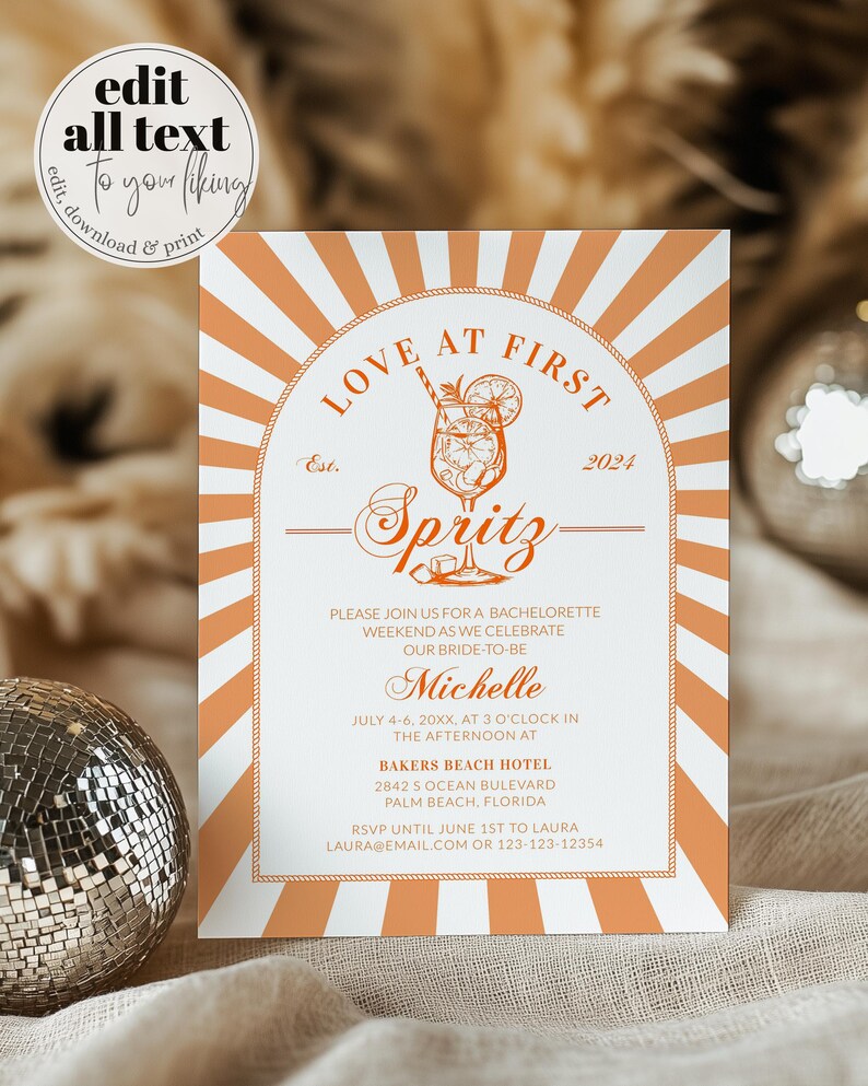 Italian Spritz Bachelorette Itinerary, Love at First Spritz Weekend Party Template 027AS-BACHINV image 12