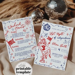 4th of July Bachelorette Weekend Itinerary Handwritten Independence Day Bach Party Invitation Wavy Frame Funky Patriotic Doodle Template#070