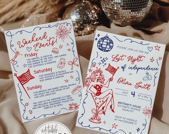 4th of July Bachelorette Itinerary, Patriotic Bach Weekend Wavy Frame Template 070IND-BACHINV