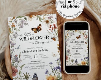 Little Wildflower 1st Birthday Invitation Template, Garden Tea Party Butterfly Theme 100LB-BINV
