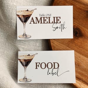 Espresso martini-plaatskaarten, bewerkbaar koffie-martini-thema voedseletiket, liefde is brouwen martini afdrukbare decoratiesjabloon #072