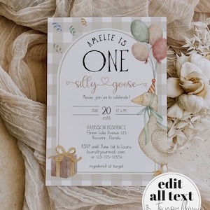One Silly Goose Invito per il primo compleanno neutro di genere, modello stampabile per la suite di compleanno a tema Silly Goose per ragazzi, decorazione naturale #068