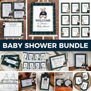 Pacchetto baby shower Vintage Polo Teddy, set decorazioni baby shower Lauren per ragazzi, modello invito baby shower orsetto di lusso modificabile n. 068