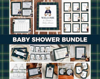 Vintage Polo Teddy Baby Shower Bundle, Lauren Baby Shower Decorations Suite Boys, Editable Luxury Bear Baby Shower Invitation Template #068