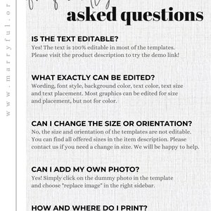 May include: A white background with the words "frequently asked questions" in black and gray. The text answers questions about editing templates, including text, size, orientation, and adding photos. The website address is visible.