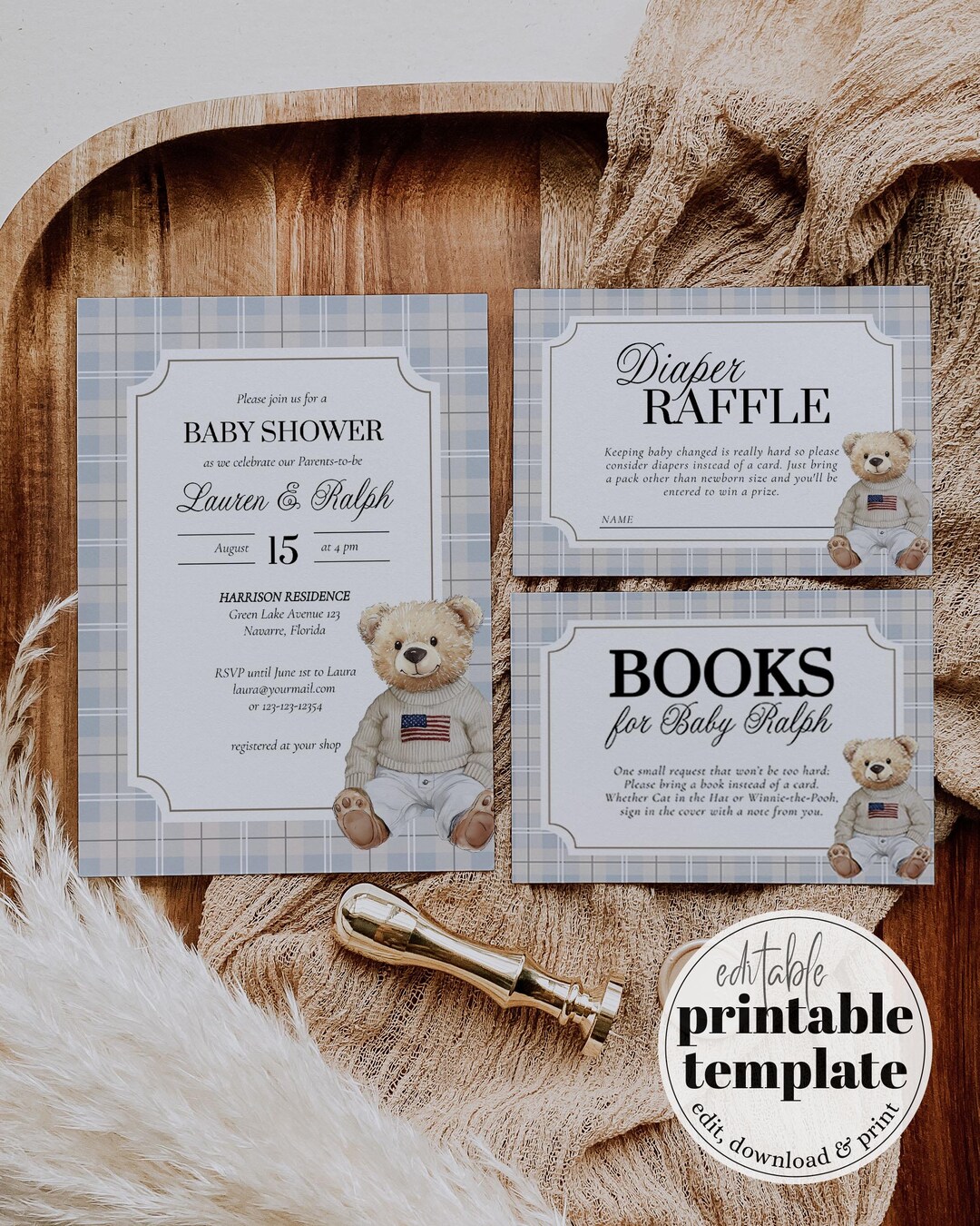 Baby Shower Invitation Template, Vintage Preppy Teddy Bear Invite for ...