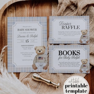 Invito per baby shower a tema orsetto Polo per bambini, modello classico di lusso con orsetto blu, stampabile, modello a tema scozzese vintage n. 068