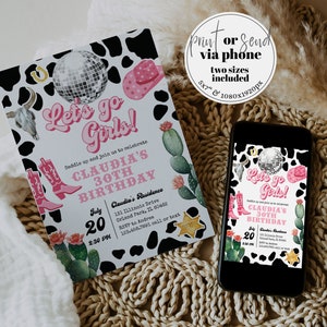 Editable Pink Cowgirl Birthday Invitation Adults | Space Disco Cowgirl Party Invite | Yee Haw 30th Birthday | Instant Download Template #022