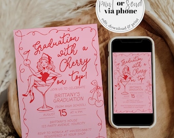 Cherry Graduation Invitation Class of 2026 Pink Funky Doodle Wavy Frame Editable Template 070PI-GRAD-INV