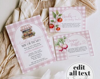Pink Locally Grown Baby Shower Invite, Girl Farmers Market Diaper Raffle, Printable Template 003LG-BSINV-PI