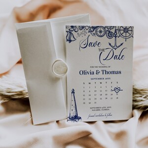 Modello di invito per matrimonio con calendario Save the Date nautico, Save Date per matrimonio in spiaggia, invito per matrimonio a destinazione, modello stampabile n. 071