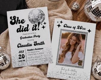Disco Graduation Invitation Template, She Did It Party Invite, Groovy Senior Celebration Design 065D-GRINV