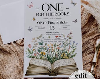 One for the Books Birthday Invitation Girl Template, A New Chapter Begins 1st Birthday 077ST-BINV
