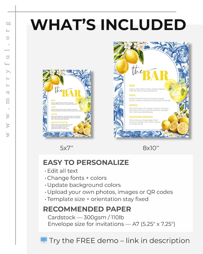 Limoncello Spritz Bar Menu Template, Citrus Lemon Amalfi Coast Bridal Shower Sign 102LE-BAME image 3