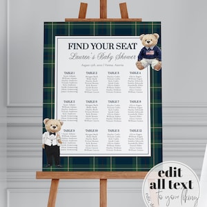 May include: A baby shower seating chart on an easel. The sign has a navy blue and green plaid background with a white border. The text reads "FIND YOUR SEAT Lauren's Baby Shower". Teddy bear illustrations are on the sign.