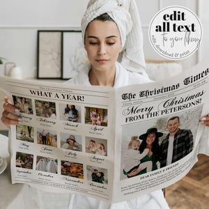写真付き新聞クリスマス カード、ホリデー カード テンプレート、ノースポール クリスマス ニュースレター、年次レビュー 印刷可能カード 4 ページ #065b