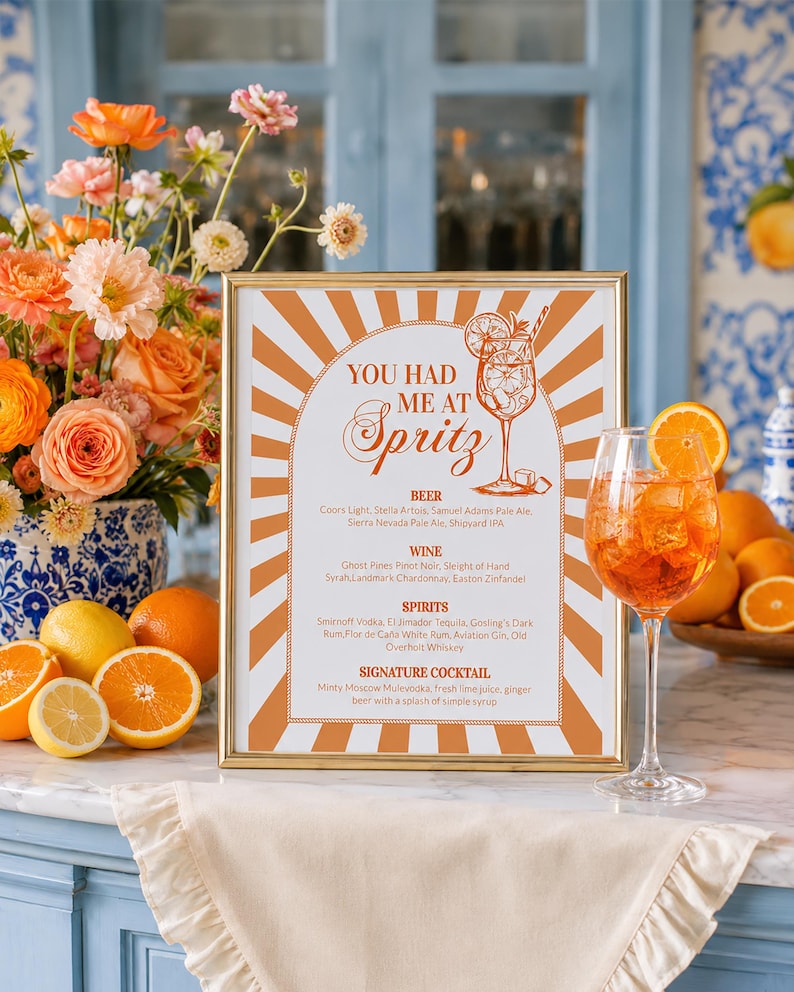 Editable Italian spritz bar menu sign template with orange citrus cocktail artwork for a summer bridal shower, bachelorette, birthday or pool party drink station.
