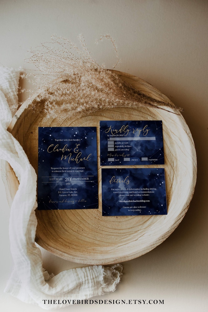 Celestial Starry Night Wedding Invitation Template, Moon Wedding Invite Bundle for Navy Blue and Gold 066 image 1