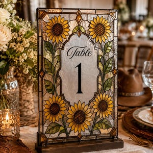 May include: Stained glass table number with a sunflower design. The rectangular piece features yellow sunflowers, green leaves, and the word "Table" above the number "1". The base is a dark brown color.