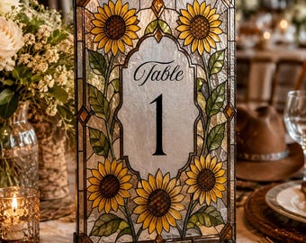 Yellow Sunflower Faux Stained Glass Table Number, Floral Wedding Acrylic Tracing Canva Template 035STGL-TBNR