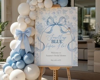 Something Blue Bridal Shower Welcome Sign, Ribbon Bow Chinoiserie Toile Entrance Template 079SB-WLCM