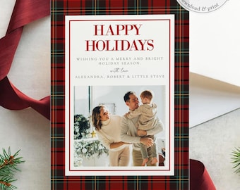 Red Tartan Christmas Photo Card, Classic Plaid Family Holiday Portrait Greeting Editable Template 068CH-PHCA