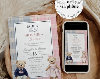 Gender Reveal Invitation Template, PoloTeddy Bear Vintage Plaid Theme, Digital Download 068GER-INV