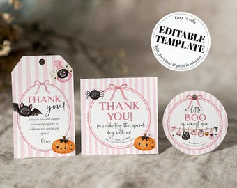 Pink Halloween Baby Shower Favor Tags, Little Boo Labels Stickers, Printable Editable Template 089HAP-TLST