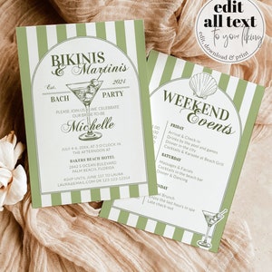 Itinerario de despedida de soltera en bikini y martinis, invitación a una despedida de soltera con martini sucio, viaje de fin de semana de chicas borrachas de amor, invitación de despedida de soltera con Tini n.° 072