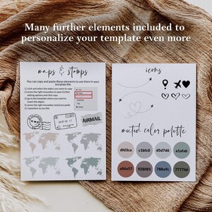 May include: Two cards with design elements for templates. One card features maps and stamps, the other has icons and a muted colour palette. The text on the cards reads "Many further elements included to personalise your template even more."