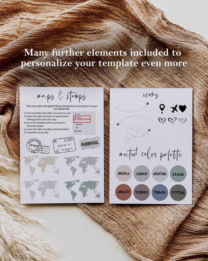 May include: Two cards with design elements for templates. One card features maps and stamps, the other has icons and a muted colour palette. The text on the cards reads "Many further elements included to personalise your template even more."