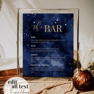 May include: A printable sign for a bar with a navy blue background and gold stars. The sign says "the BAR" and lists beer, wine, spirits, and a signature cocktail.