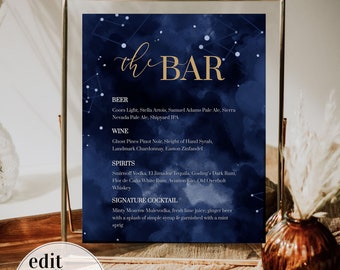 Panneau de menu bar mariage céleste avec lune et étoiles | Cocktail exclusif ou carte de boissons | Enseigne Open Bar personnalisée | Modèle imprimable #066