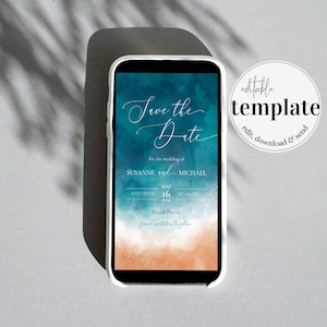 Digital Beach Wedding Save the Date for Destination Wedding Invitation Editable Template #080b