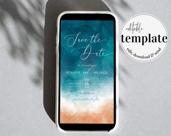 Digital Beach Wedding Save the Date for Destination Wedding Invitation Editable Template #080b