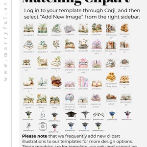 May include: A collection of matching clipart illustrations, including stacks of books, floral arrangements, graduation caps, and medical symbols. Text reads "Matching Clipart" and instructions for use.