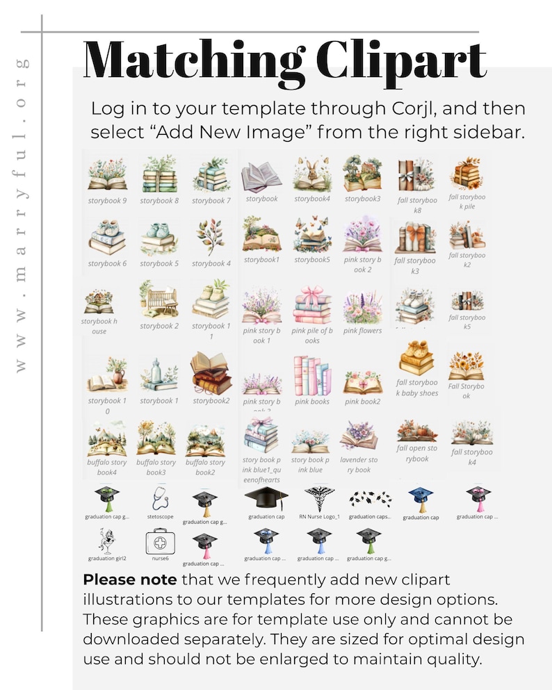 May include: A collection of matching clipart illustrations, including stacks of books, floral arrangements, graduation caps, and medical symbols. Text reads "Matching Clipart" and instructions for use.