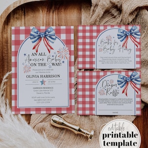 4th of July Baby Shower Invitation, Patriotic Red Gingham Fireworks Bow Template 020IND-BSINV