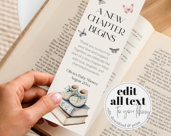 Könnte beinhalten: Ein Lesezeichen mit einem Design aus hellblauem, weißem und grauem Babyschuh. Das Lesezeichen enthält den Text "A New Chapter Begins" und "Olivia's Baby Shower August 20xx".