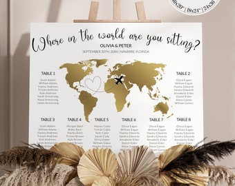 Travel themed Seating Chart for Destination Wedding Decor: Where in the World are you sitting - Golden Map #072g