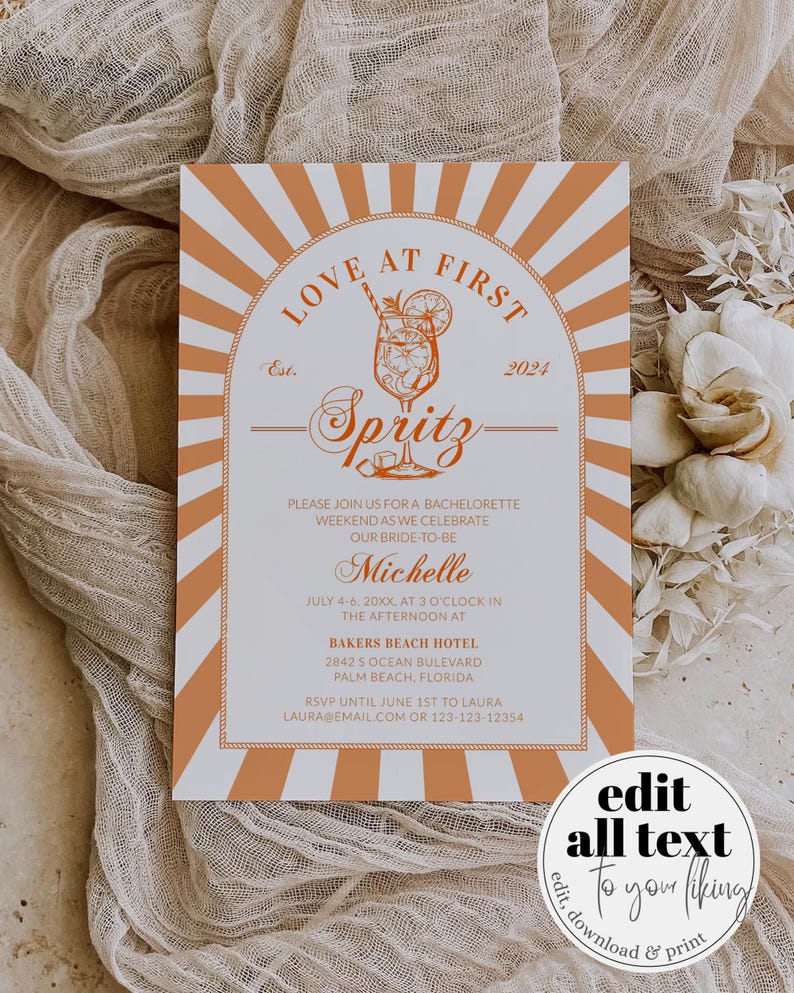 Italian Spritz Bachelorette Itinerary, Love at First Spritz Weekend Party Template 027AS-BACHINV image 17