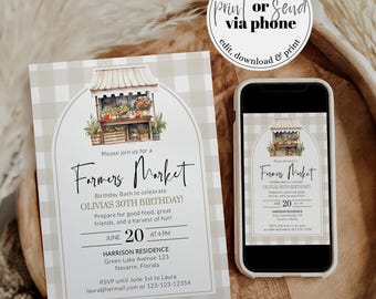 Off the Market Birthday Invitation Template, Farmers Market Summer Gingham Brunch Party 003FM-BINV