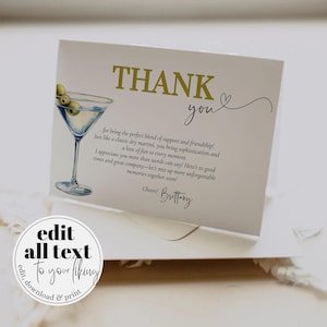 Tarjeta de agradecimiento por Dry Martini, Drunk in Love, clásica tarjeta de agradecimiento por Dirty Olive Martini, plantilla editable e imprimible para despedida de soltera por Martini n.° 072