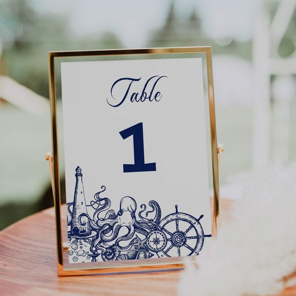 Nautical Table Numbers Template for Wedding Bridal Party or Baby Shower, Maritime Table Number Sign #071