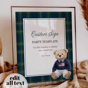 Vintage Polo Teddy Bear Custom Sign for Baby Shower Decorations Boys or Girls Luxury Bear Baby Shower Editable Sign Template #068