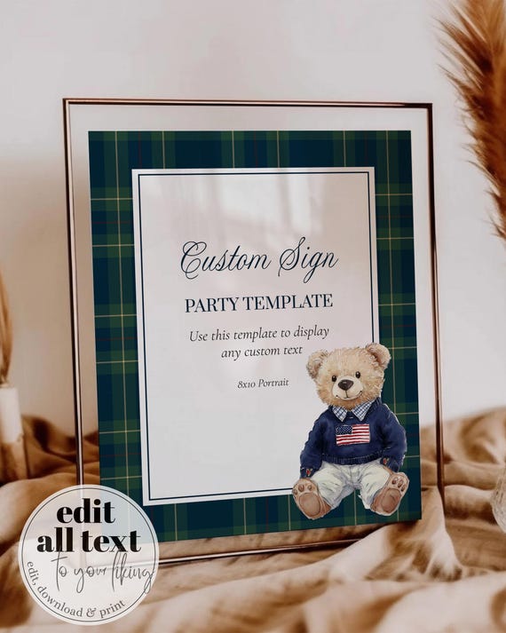 Vintage Polo Teddy Bear Custom Sign for Baby Shower Boys Luxury Editable Template 068RL-CUSI