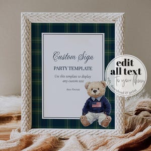 Vintage Polo Teddy Bear Custom Sign for Baby Shower Decorations Boys or Girls Luxury Bear Baby Shower Editable Sign Template #068 - TheLovebirdsDesign