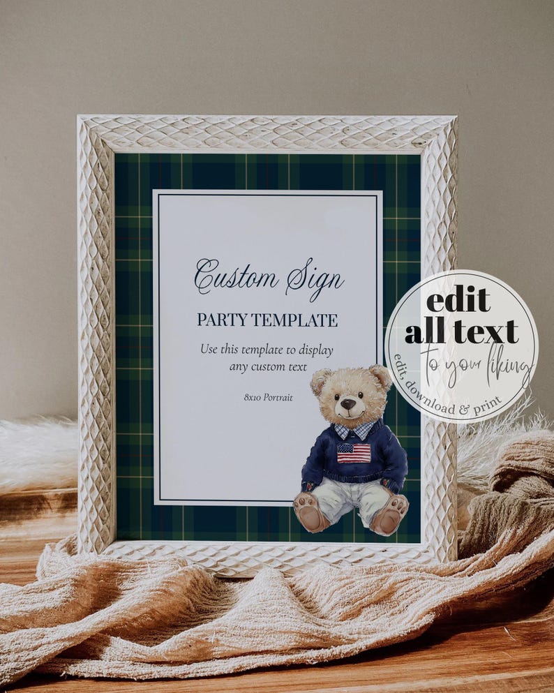 Vintage Polo Teddy Bear Custom Sign for Baby Shower Decorations Boys or Girls Luxury Bear Baby Shower Editable Sign Template #068 - TheLovebirdsDesign
